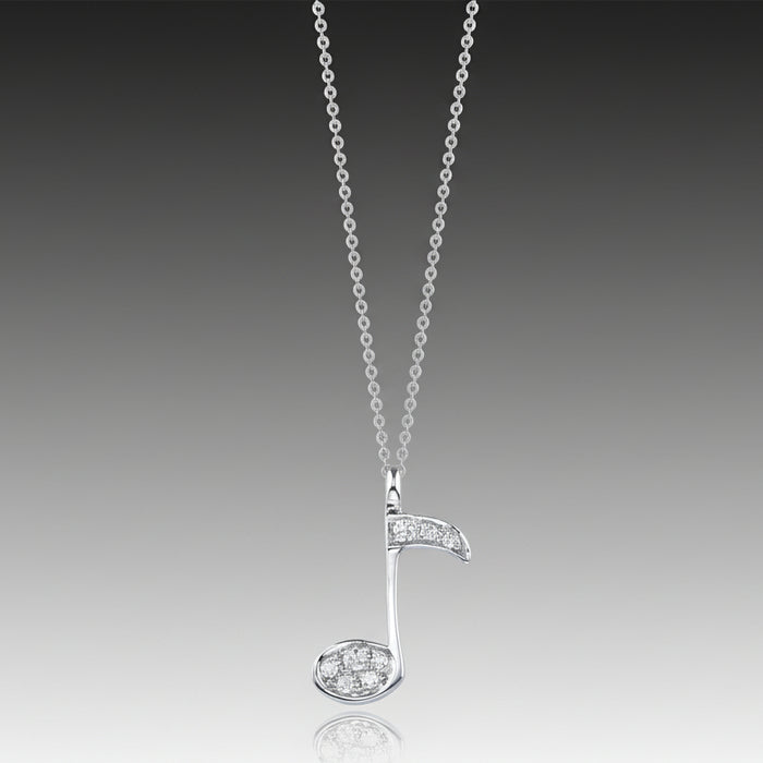 A necklace with a music note icon design, featuring a chain and a pendant with round, brilliant cut diamonds in a pave setting.