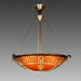 A glass chandelier with intricate geometric carving, featuring a mix of amber and tan colors, suspended by metal fittings against a neutral background.