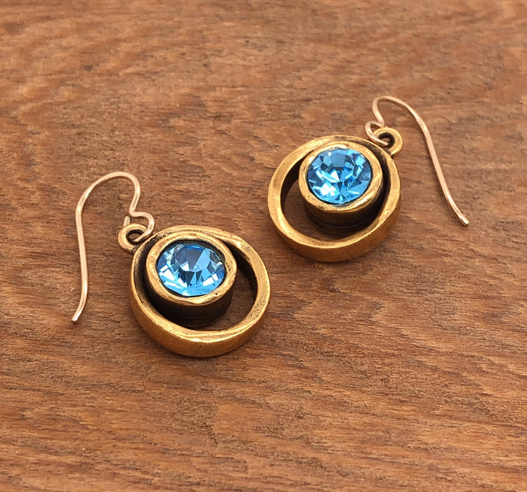 Gold Skeeball Earrings in Aquamarine