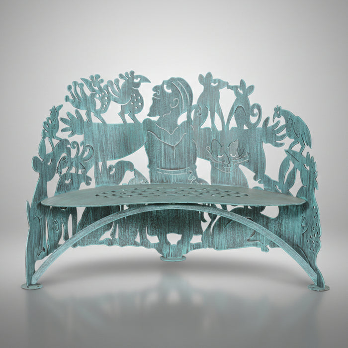 A metal bench with a sculpted design featuring Saint Francis and various animals, predominantly in green and brown colors.