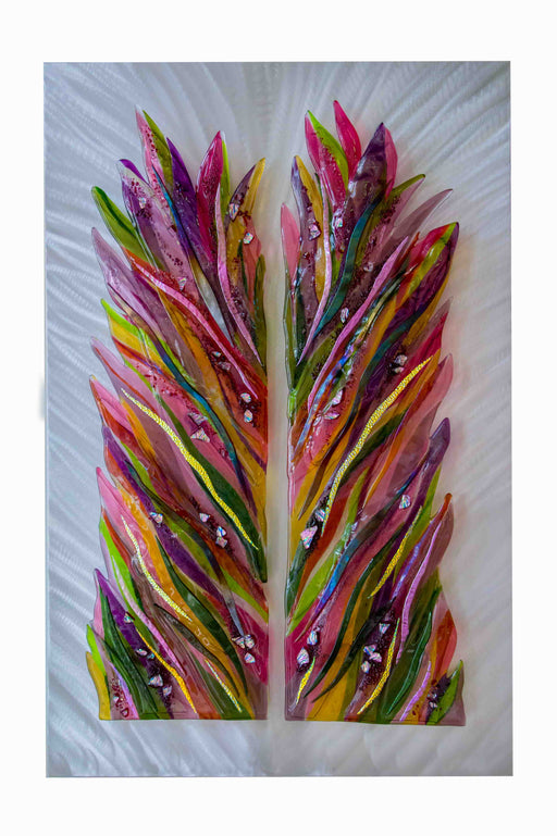 A fused glass art piece with a vibrant, leaf-like pattern, mounted on aluminum, measuring 42 inches by 36 inches.