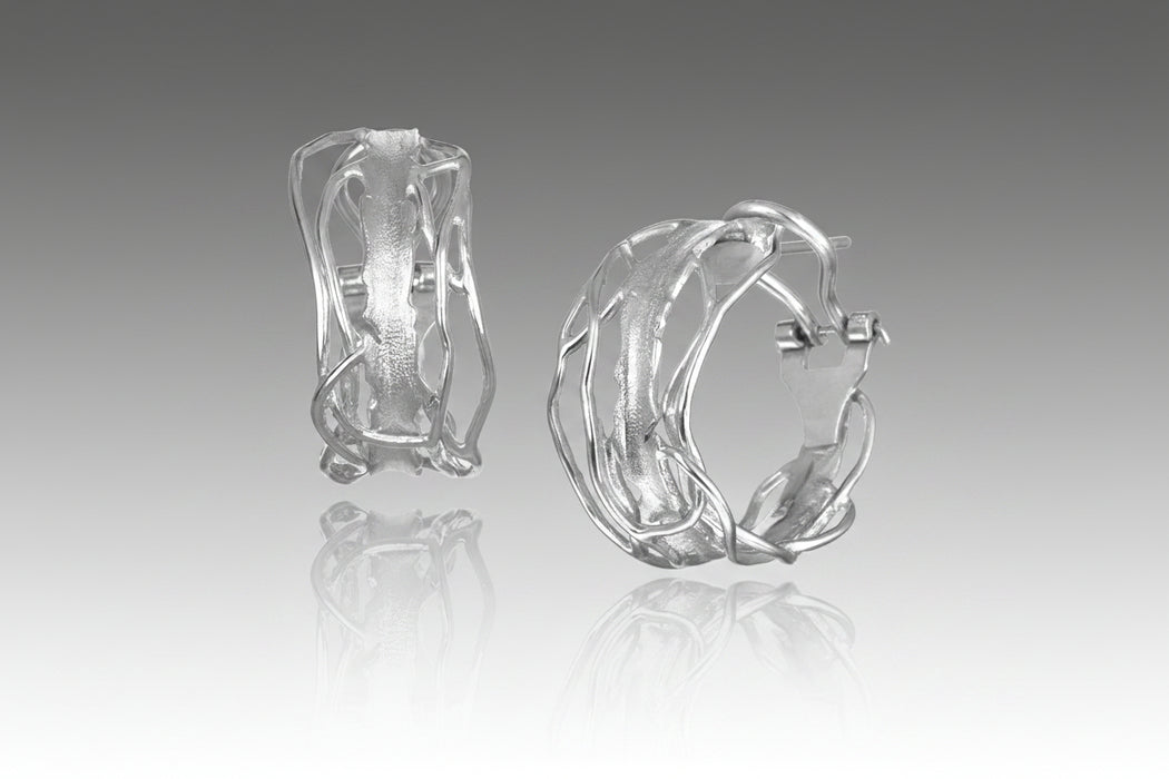 White Rhodium Edge Post Earrings – Medium, Omega Clip