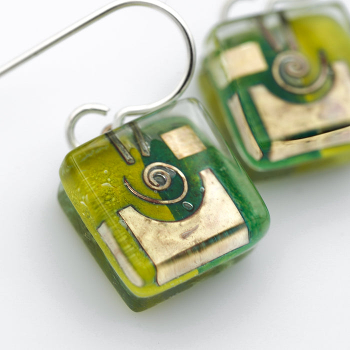 Green Snail Cube Earrings