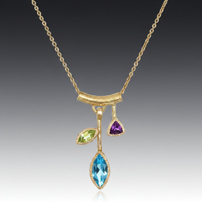 3 Stone Small Petal Blue Topaz Pendant Necklace